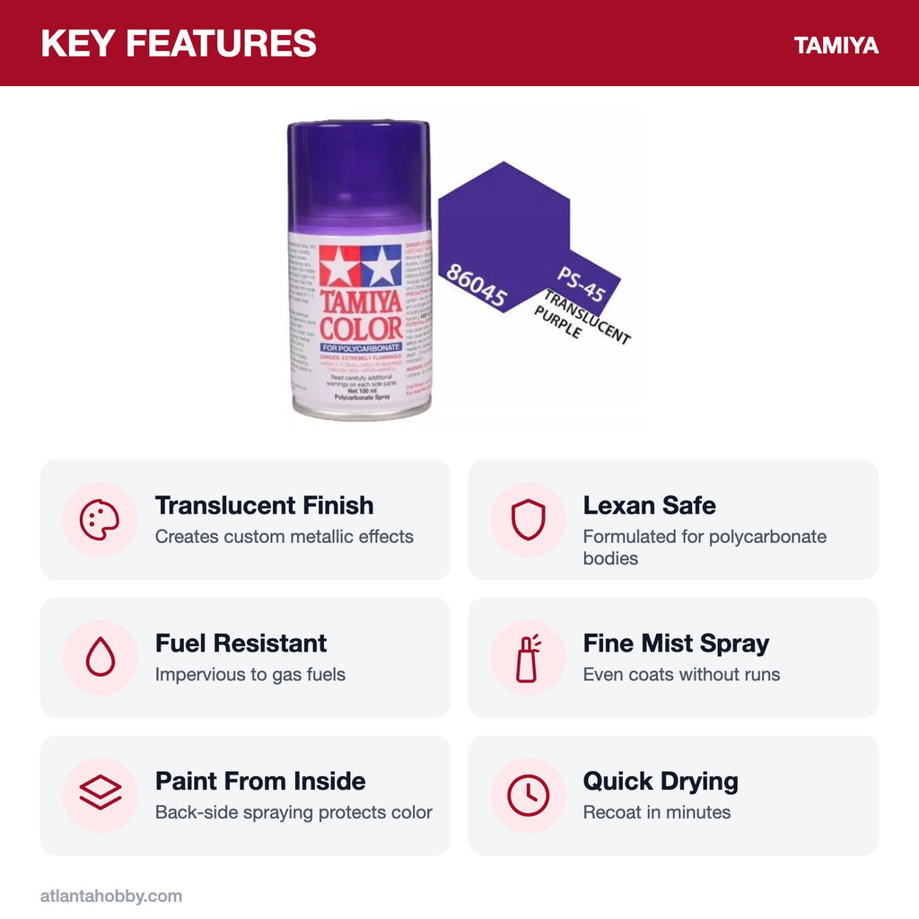 Tamiya PS-45 Translucent Purple Polycarbonate Spray Paint, 100ml key features