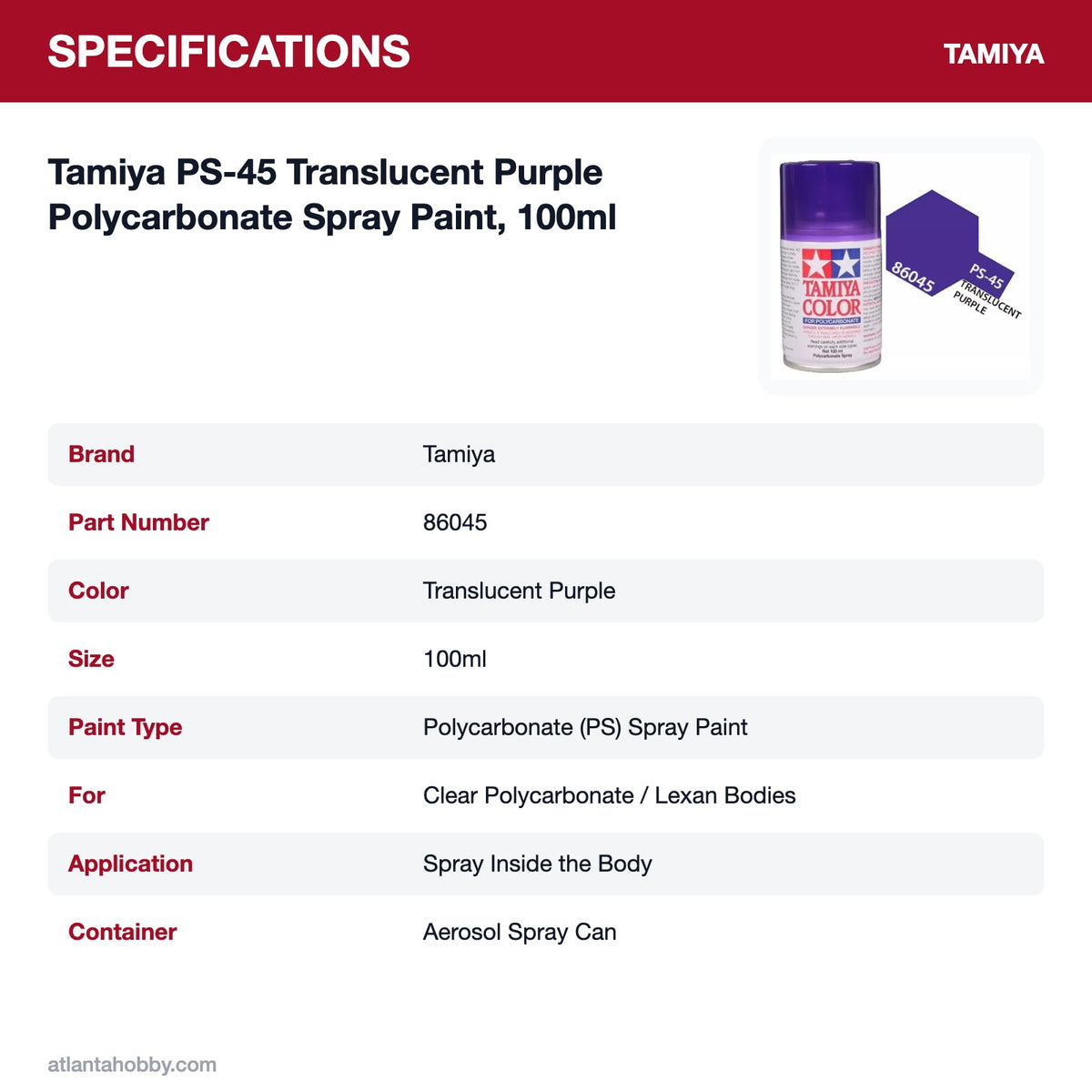 Tamiya PS-45 Translucent Purple Polycarbonate Spray Paint, 100ml specifications