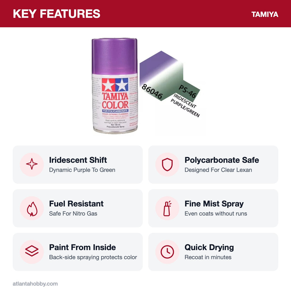 Tamiya PS-46 Purple/Green Iridescent Polycarbonate Spray Paint, 100ml key features
