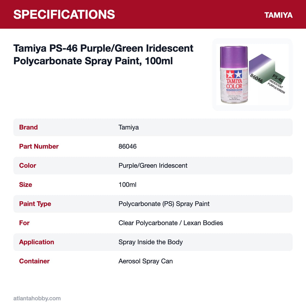 Tamiya PS-46 Purple/Green Iridescent Polycarbonate Spray Paint, 100ml specifications