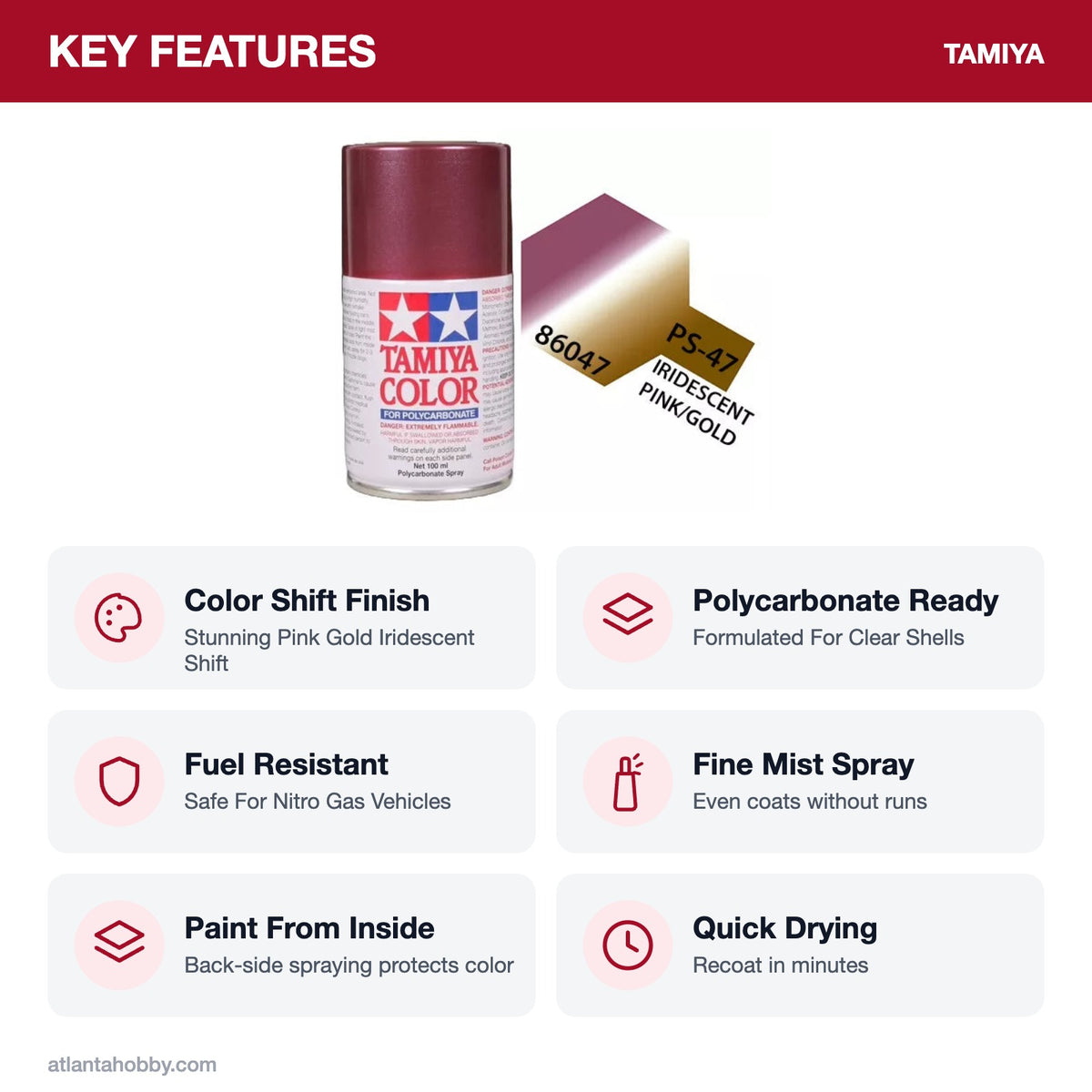 Tamiya PS-47 Pink/Gold Iridescent Polycarbonate Spray Paint, 100ml key features