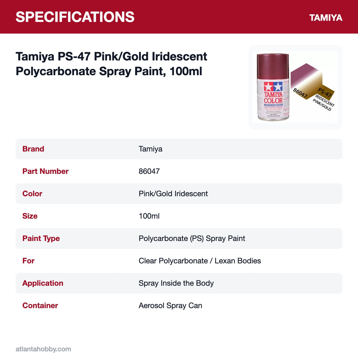 Tamiya PS-47 Pink/Gold Iridescent Polycarbonate Spray Paint, 100ml specifications