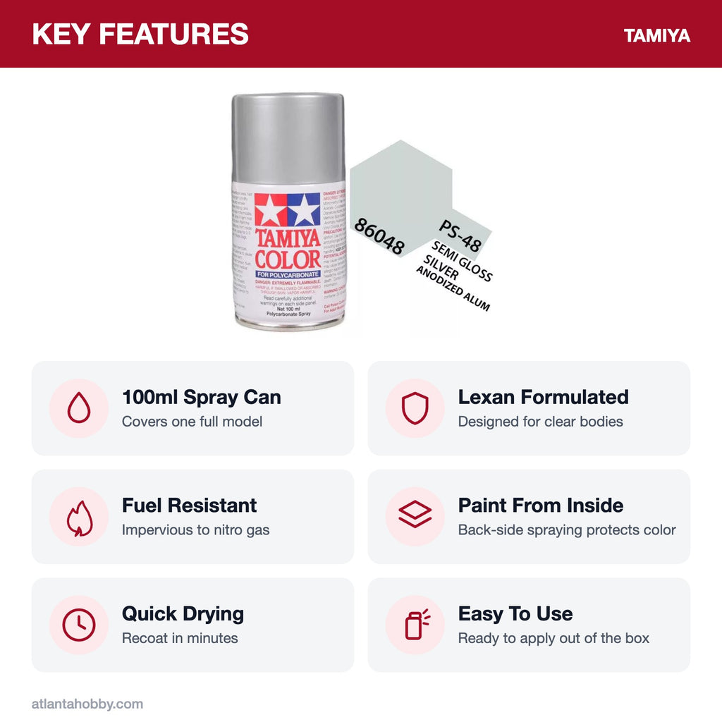 Tamiya PS-48 Metallic Silver Polycarbonate Spray Paint, 100ml key features