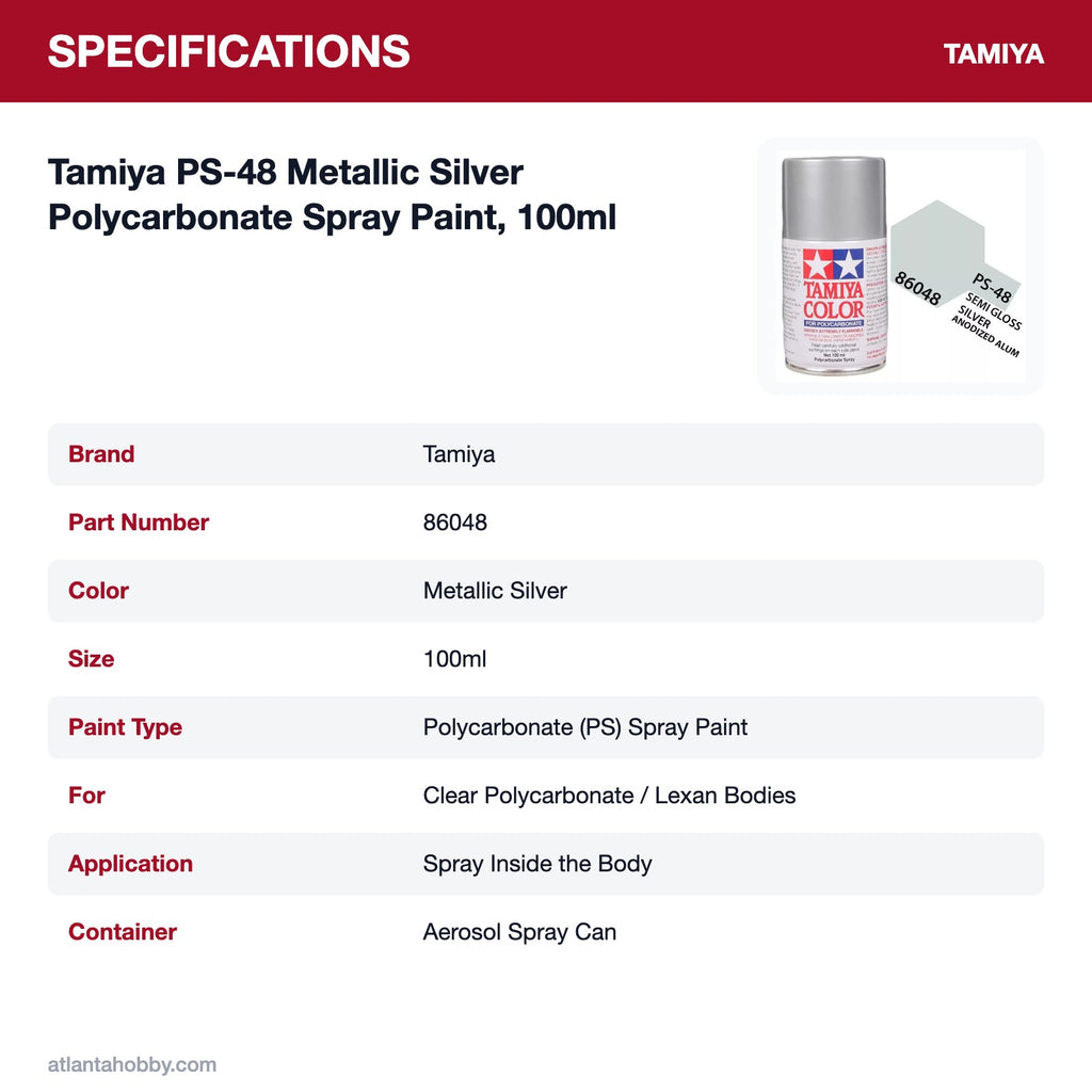 Tamiya PS-48 Metallic Silver Polycarbonate Spray Paint, 100ml specifications