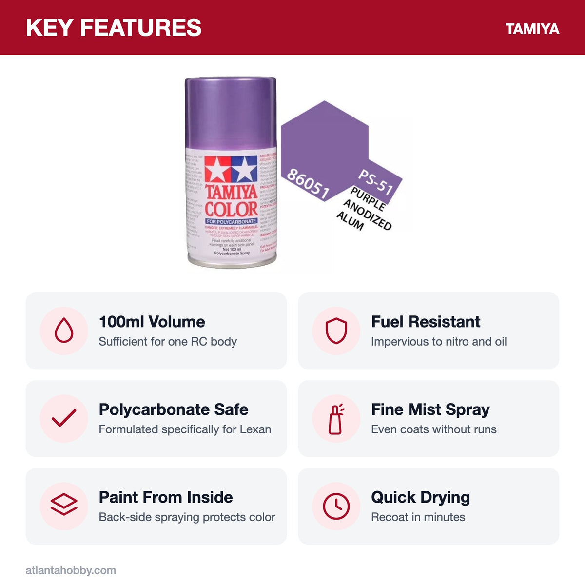 Tamiya PS-51 Purple Anodized Aluminum Polycarbonate Spray Paint, 100ml key features