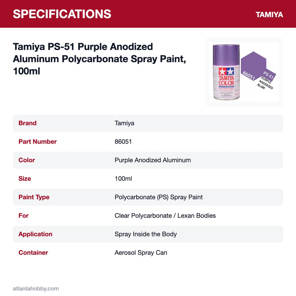 Tamiya PS-51 Purple Anodized Aluminum Polycarbonate Spray Paint, 100ml specifications
