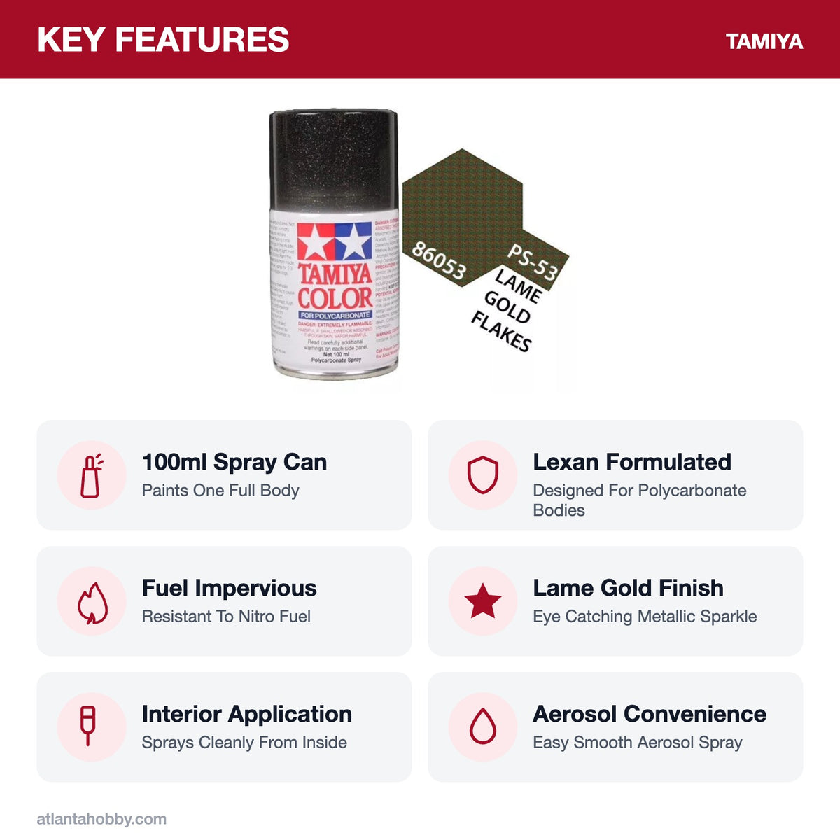 Tamiya PS-53 Lame Flake Polycarbonate Spray Paint, 100ml key features