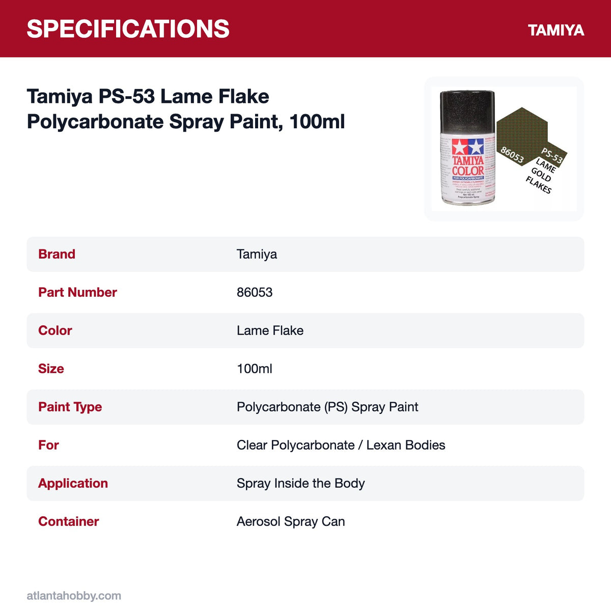 Tamiya PS-53 Lame Flake Polycarbonate Spray Paint, 100ml specifications