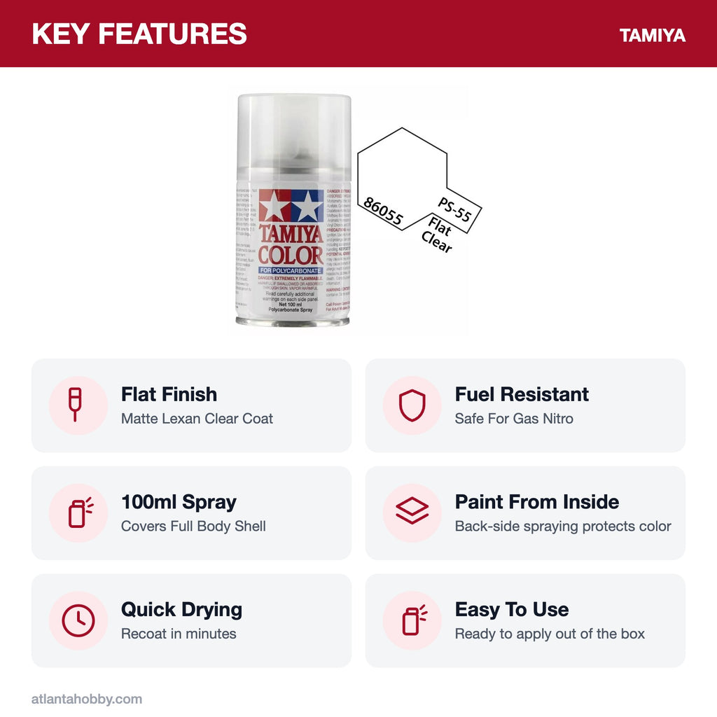 Tamiya PS-55 Flat Clear Polycarbonate Spray Paint, 100ml key features