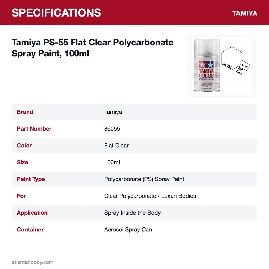 Tamiya PS-55 Flat Clear Polycarbonate Spray Paint, 100ml specifications
