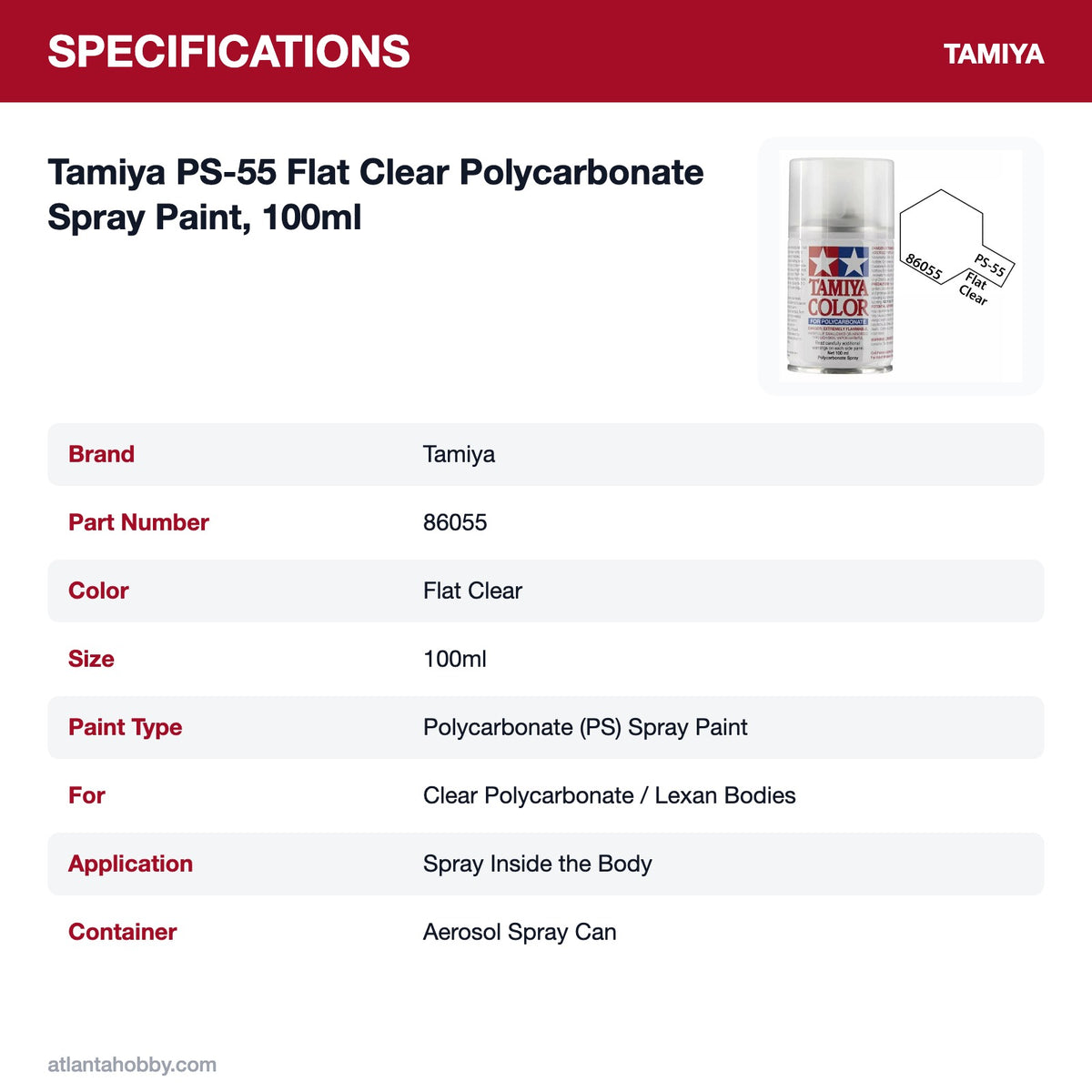 Tamiya PS-55 Flat Clear Polycarbonate Spray Paint, 100ml specifications