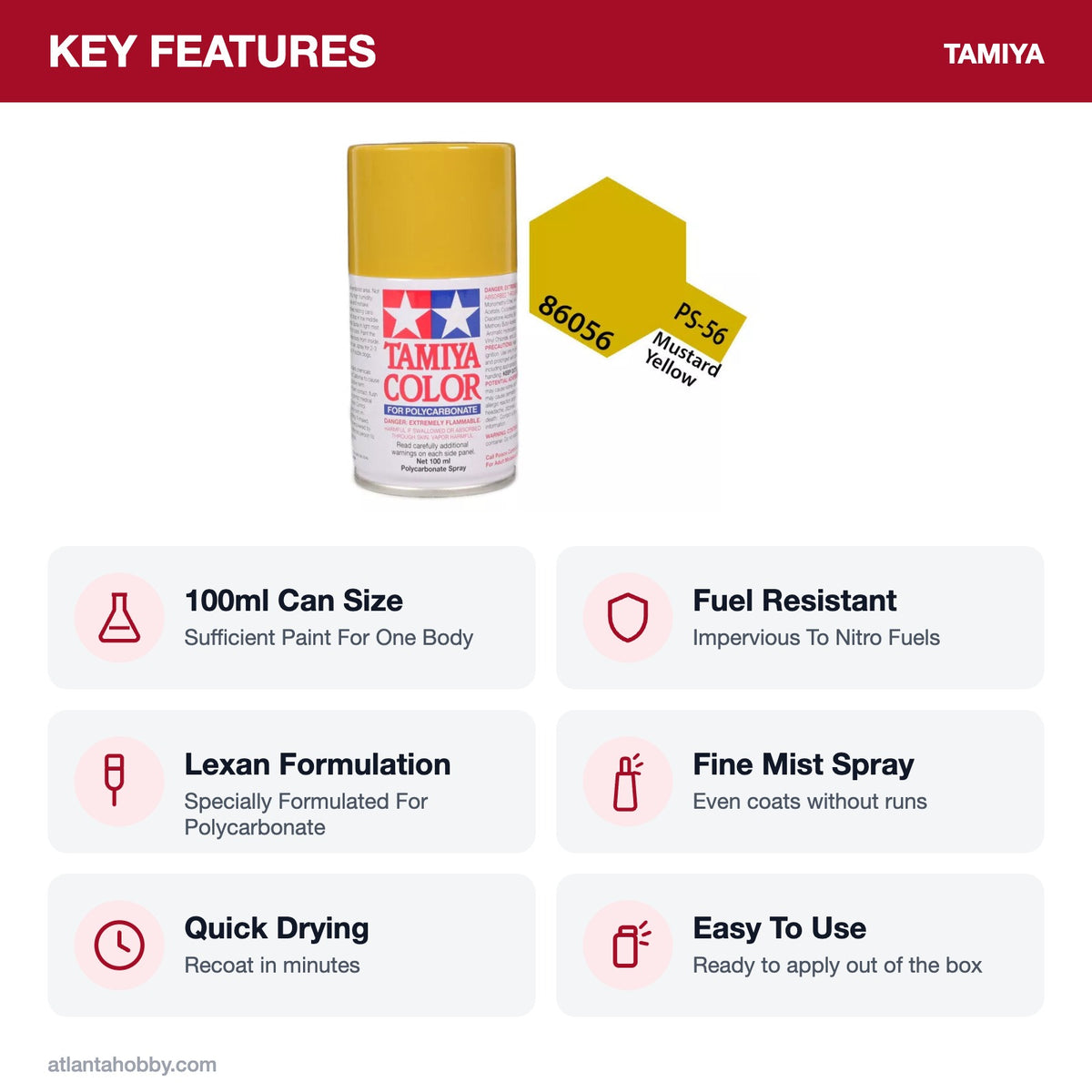 Tamiya PS-56 Mustard Yellow Polycarbonate Spray Paint, 100ml key features