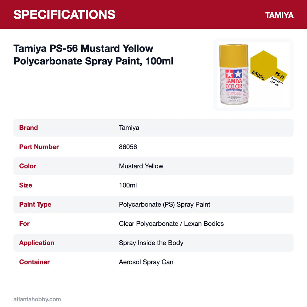 Tamiya PS-56 Mustard Yellow Polycarbonate Spray Paint, 100ml specifications