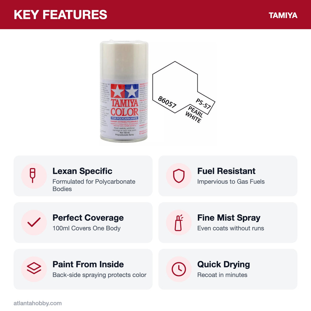 Tamiya PS-57 Pearl White Polycarbonate Spray Paint, 100ml key features
