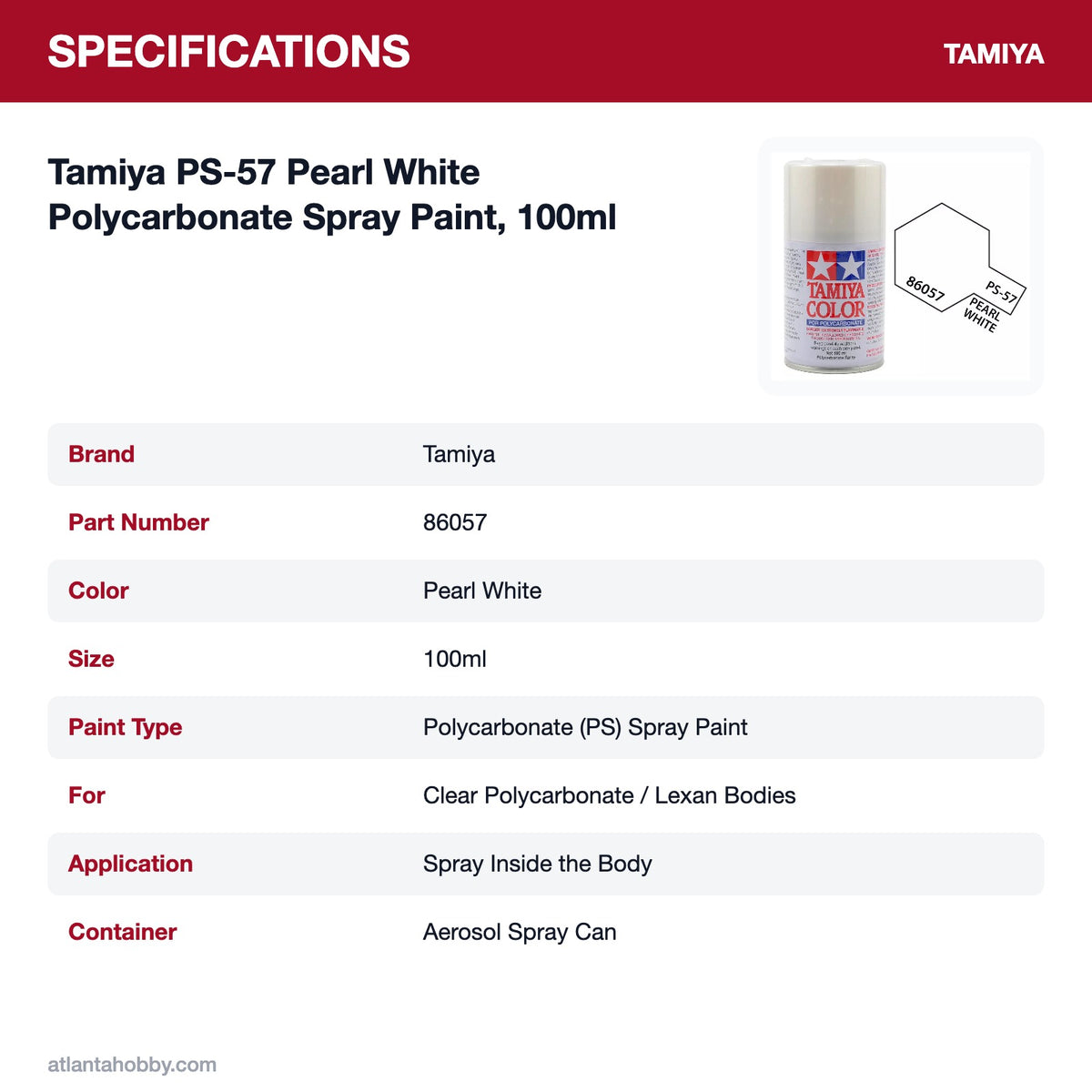 Tamiya PS-57 Pearl White Polycarbonate Spray Paint, 100ml specifications