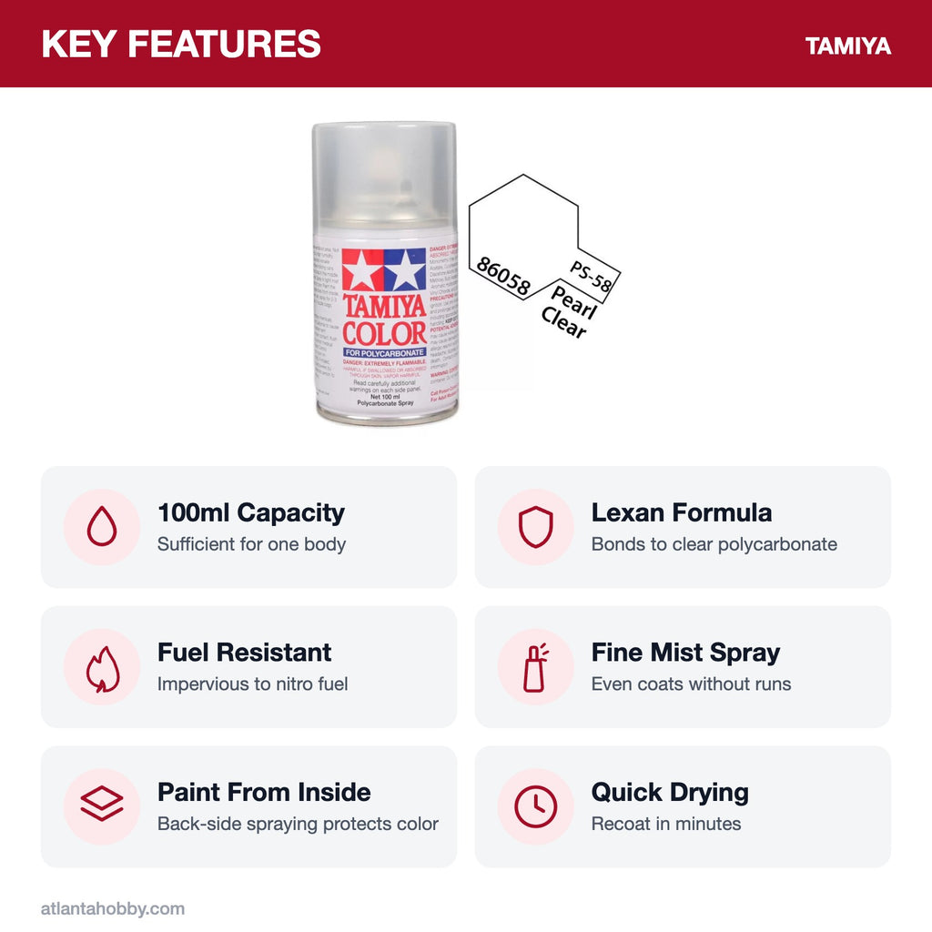 Tamiya PS-58 Pearl Clear Polycarbonate Spray Paint, 100ml key features