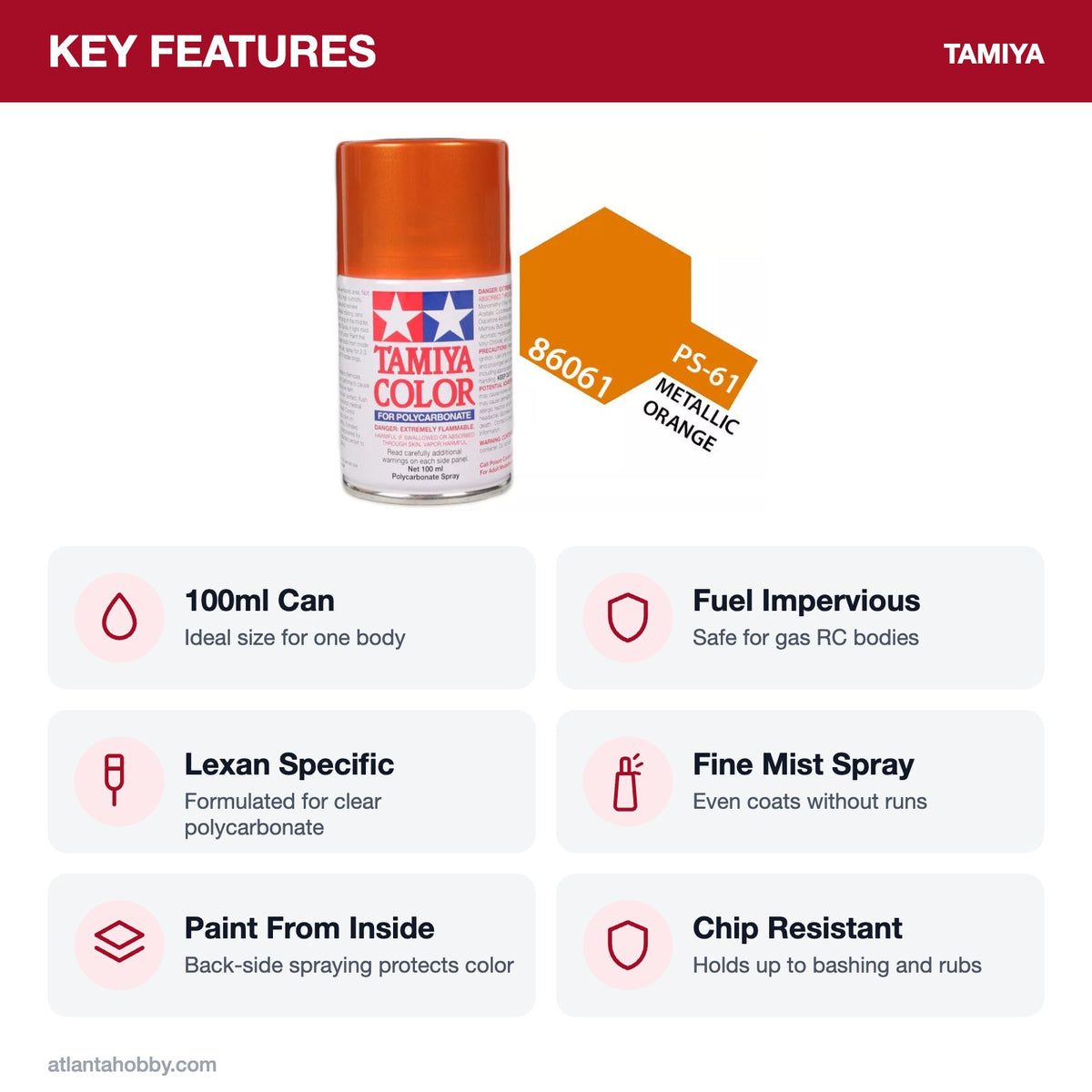 Tamiya PS-61 Metallic Orange Polycarbonate Spray Paint, 100ml key features
