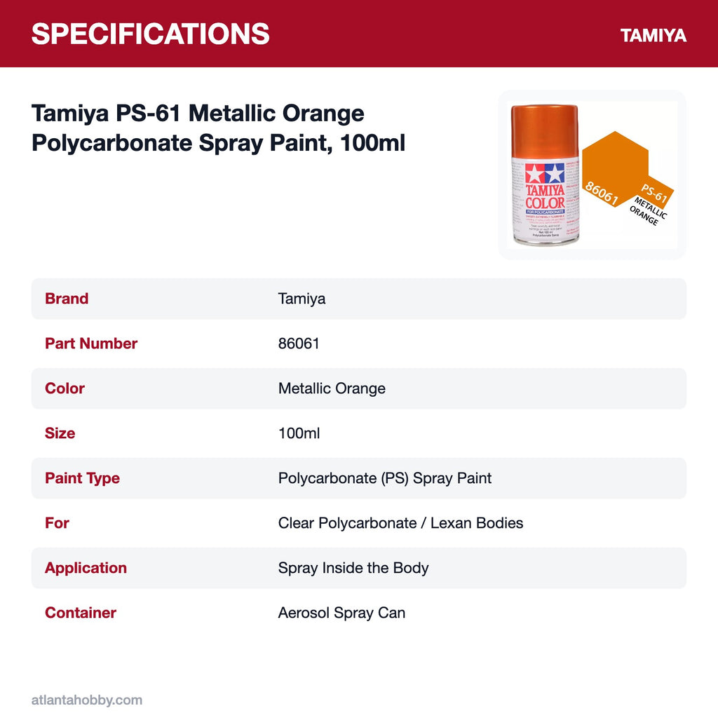 Tamiya PS-61 Metallic Orange Polycarbonate Spray Paint, 100ml specifications