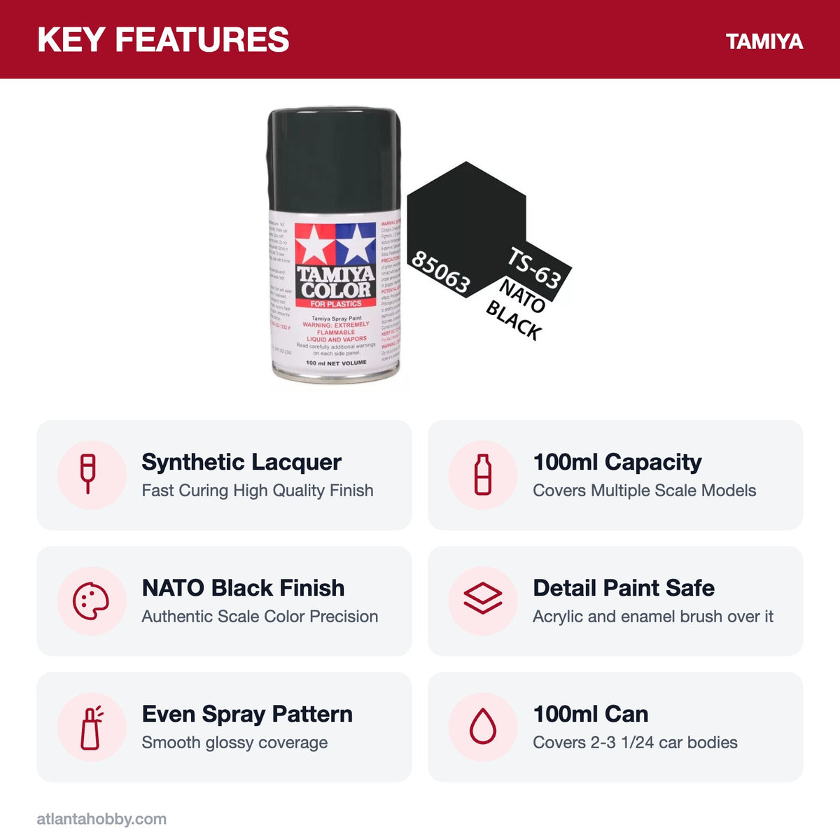 Tamiya TS-63 NATO Black Lacquer Spray Paint, 100ml key features