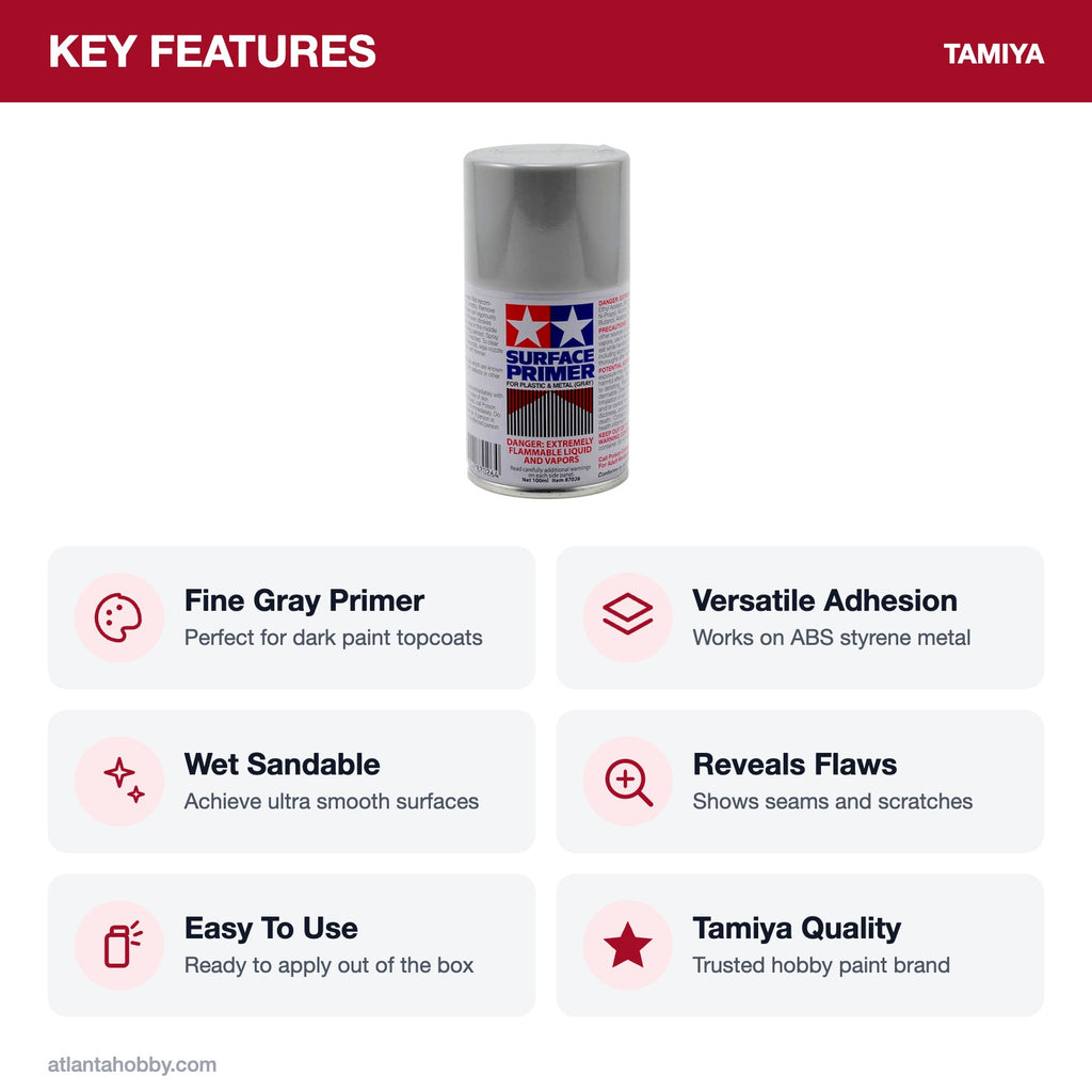 Tamiya Surface Primer, Gray, 100ml Spray Can key features