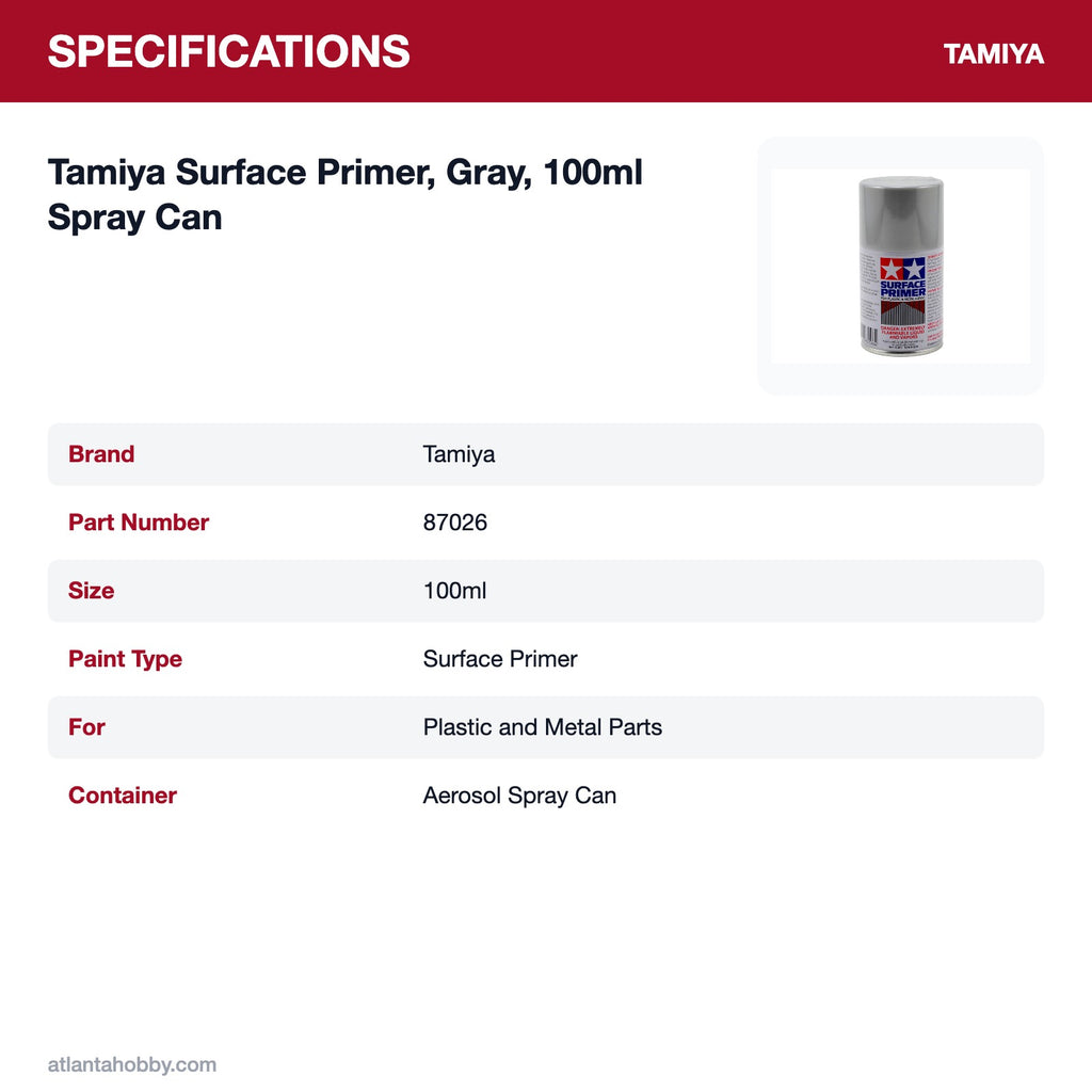 Tamiya Surface Primer, Gray, 100ml Spray Can specifications
