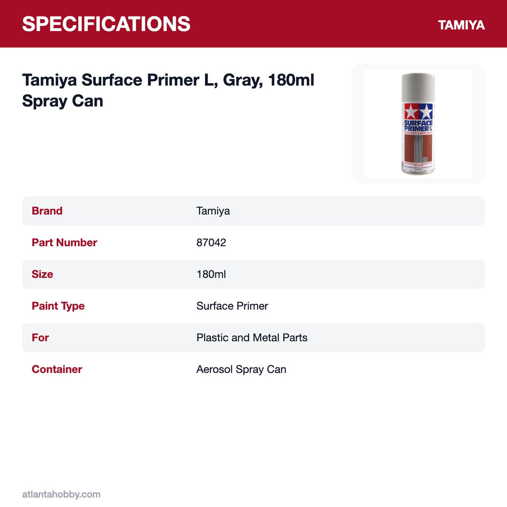 Tamiya Surface Primer L, Gray, 180ml Spray Can specifications