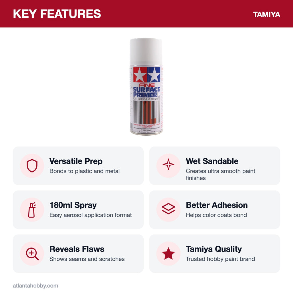 Tamiya Surface Primer L, White, 180ml Spray Can key features