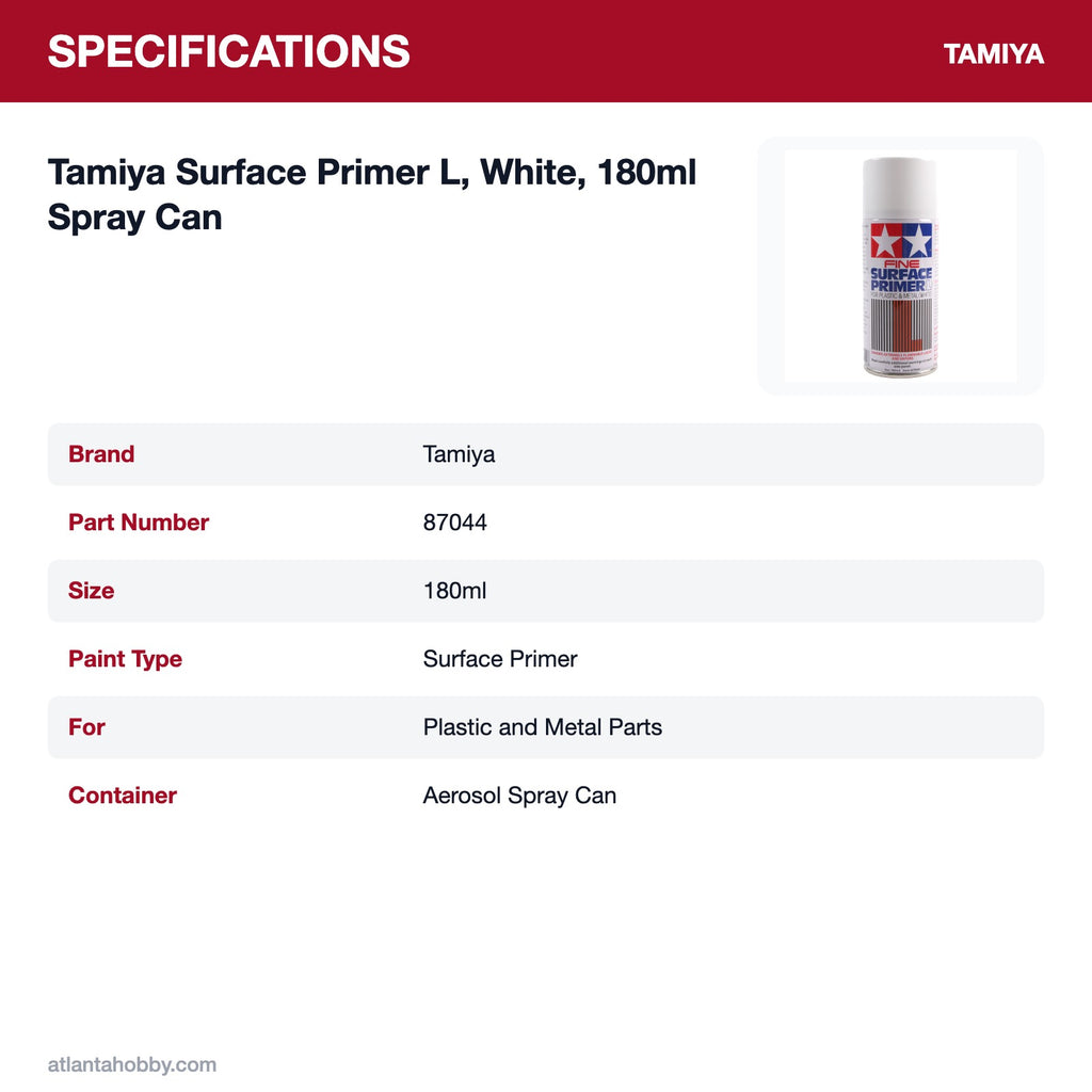 Tamiya Surface Primer L, White, 180ml Spray Can specifications