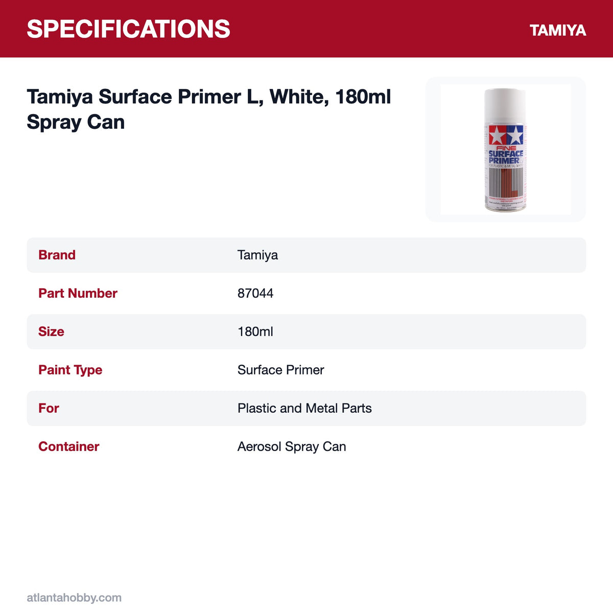 Tamiya Surface Primer L, White, 180ml Spray Can specifications