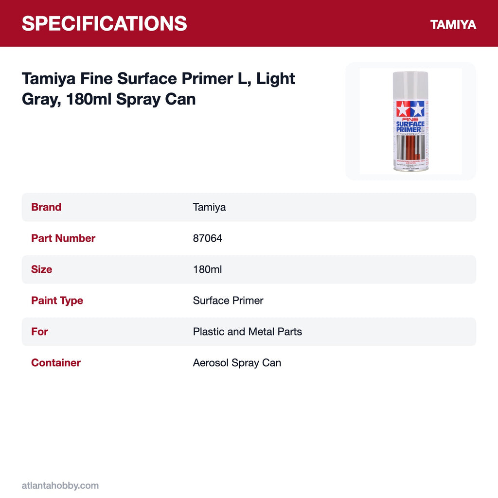 Tamiya Fine Surface Primer L, Light Gray, 180ml Spray Can specifications