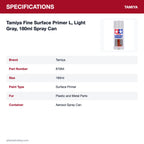 Tamiya Fine Surface Primer L, Light Gray, 180ml Spray Can specifications