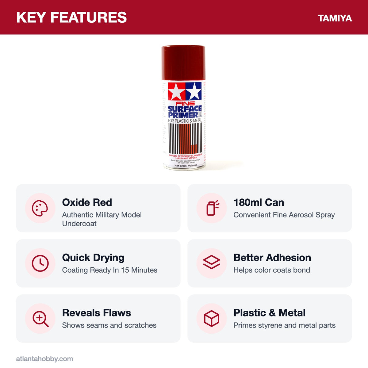 Tamiya Fine Surface Primer L, Oxide Red, 180ml Spray Can key features