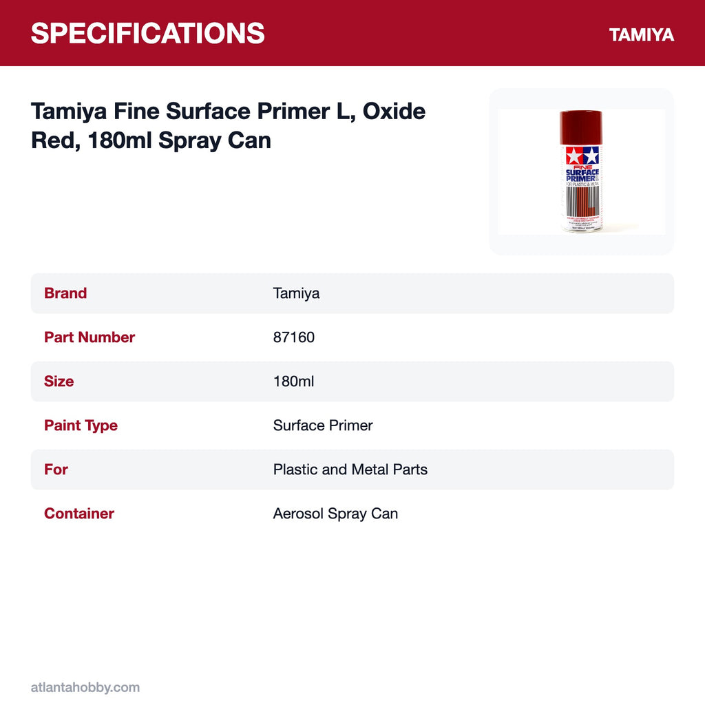 Tamiya Fine Surface Primer L, Oxide Red, 180ml Spray Can specifications