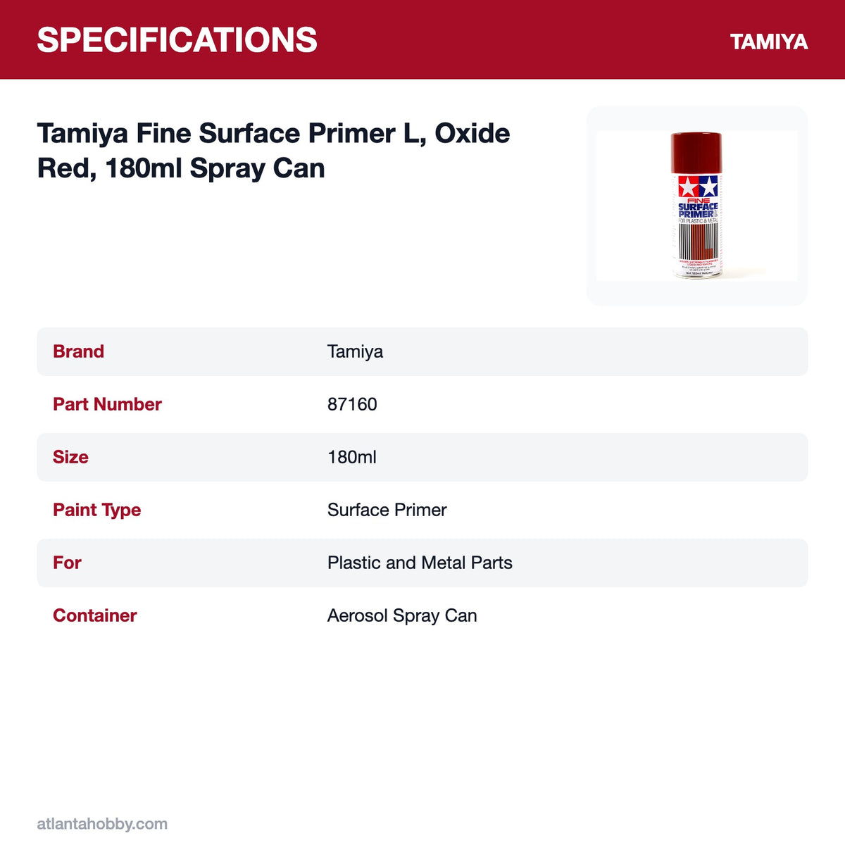 Tamiya Fine Surface Primer L, Oxide Red, 180ml Spray Can specifications