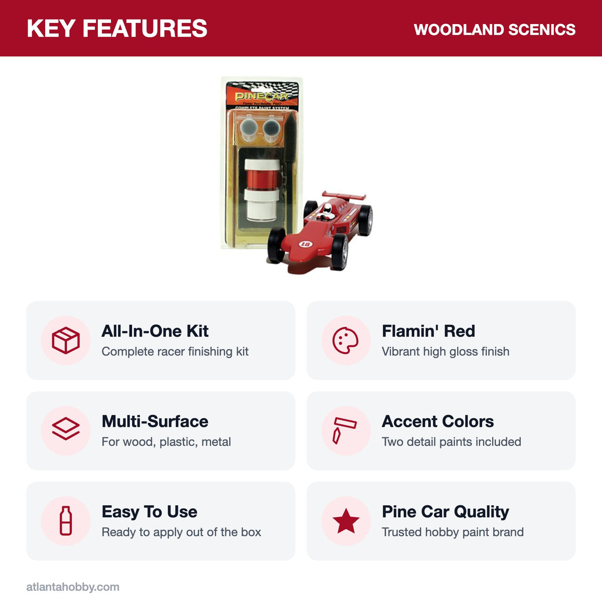 Woodland Scenics Pine Car Complete Paint System, Flamin' Red key features
