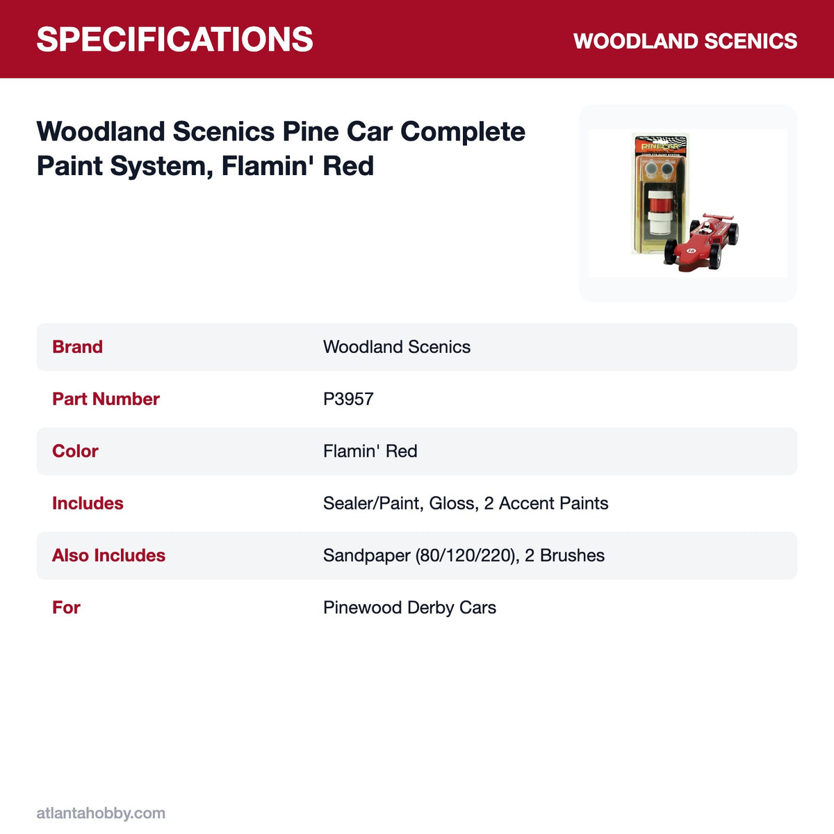 Woodland Scenics Pine Car Complete Paint System, Flamin' Red specifications