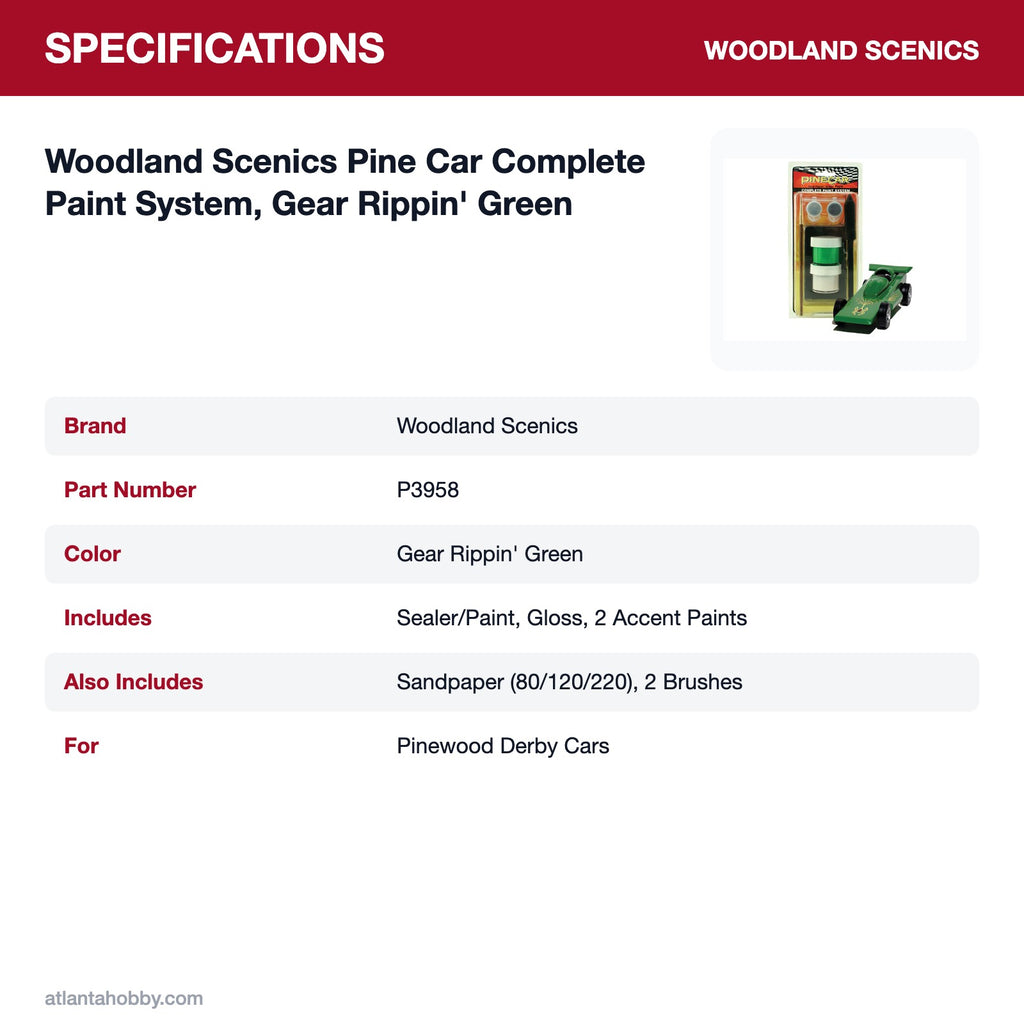 Woodland Scenics Pine Car Complete Paint System, Gear Rippin' Green specifications