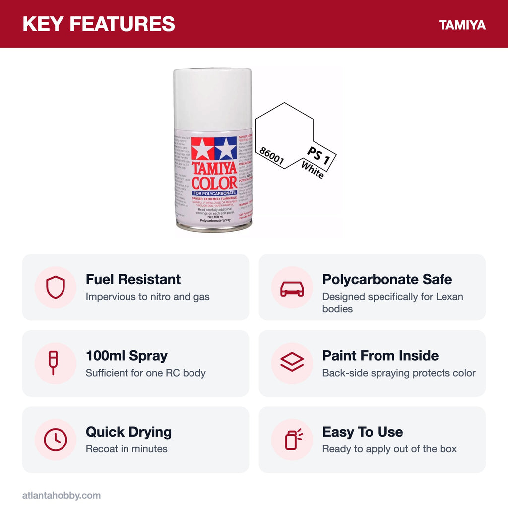 Tamiya PS-1 White Polycarbonate Spray Paint, 100ml key features
