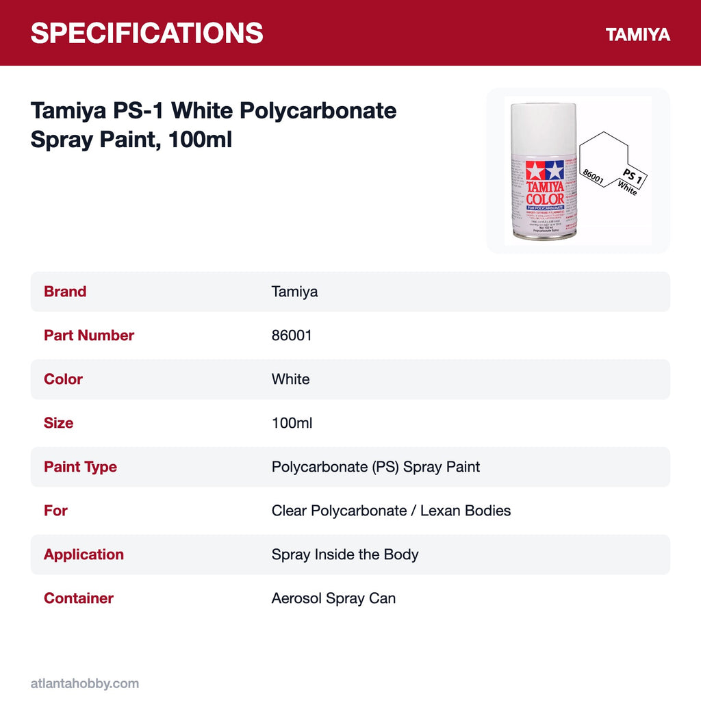 Tamiya PS-1 White Polycarbonate Spray Paint, 100ml specifications