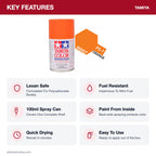 Tamiya PS-7 Orange Polycarbonate Spray Paint, 100ml key features