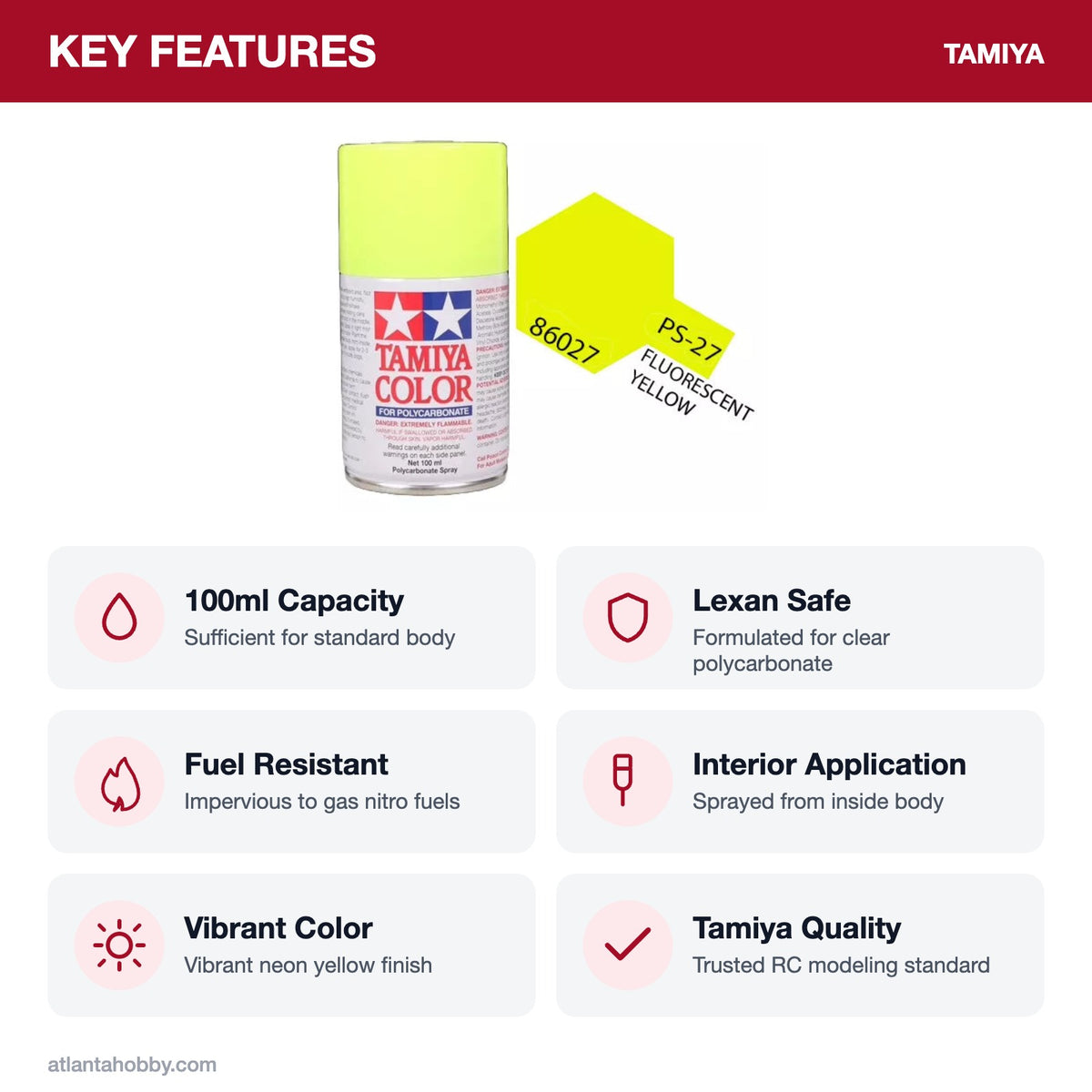 Tamiya PS-27 Fluorescent Yellow Polycarbonate Spray Paint, 100ml key features