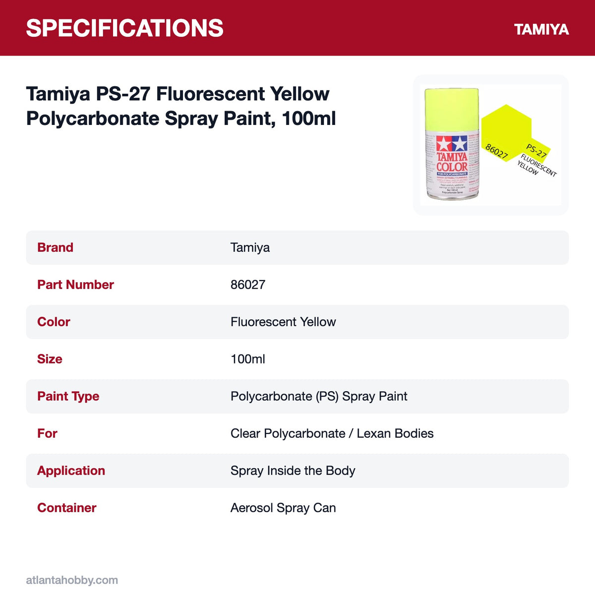 Tamiya PS-27 Fluorescent Yellow Polycarbonate Spray Paint, 100ml specifications