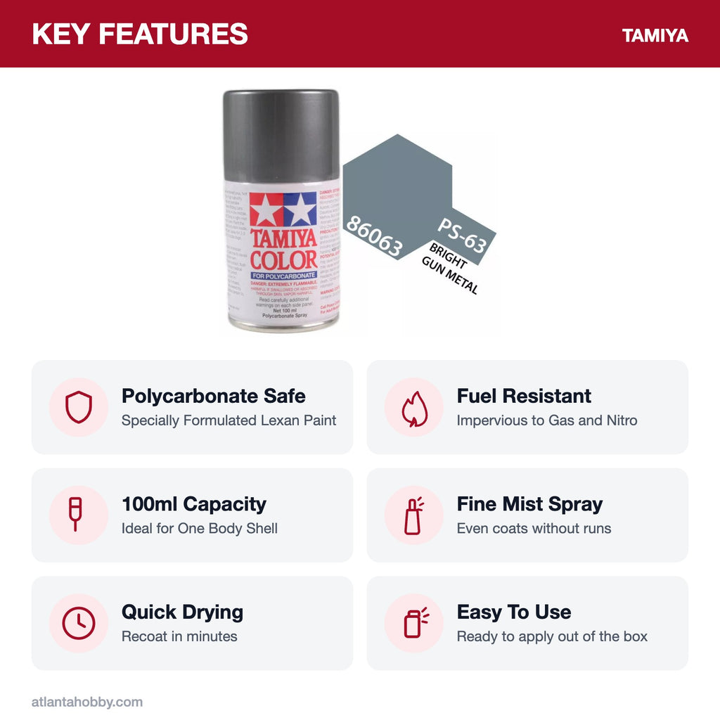 Tamiya PS-63 Bright Gun Metal Polycarbonate Spray Paint, 100ml key features