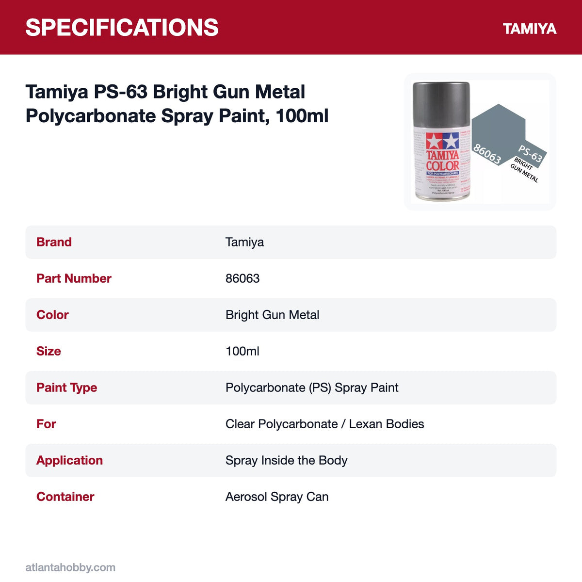 Tamiya PS-63 Bright Gun Metal Polycarbonate Spray Paint, 100ml specifications
