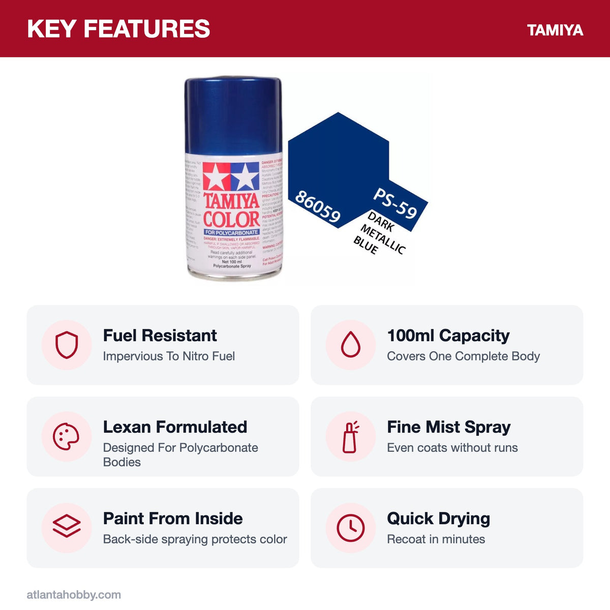 Tamiya PS-59 Dark Metallic Blue Polycarbonate Spray Paint, 100ml key features