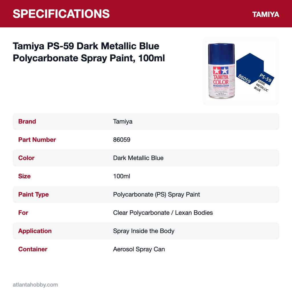 Tamiya PS-59 Dark Metallic Blue Polycarbonate Spray Paint, 100ml specifications