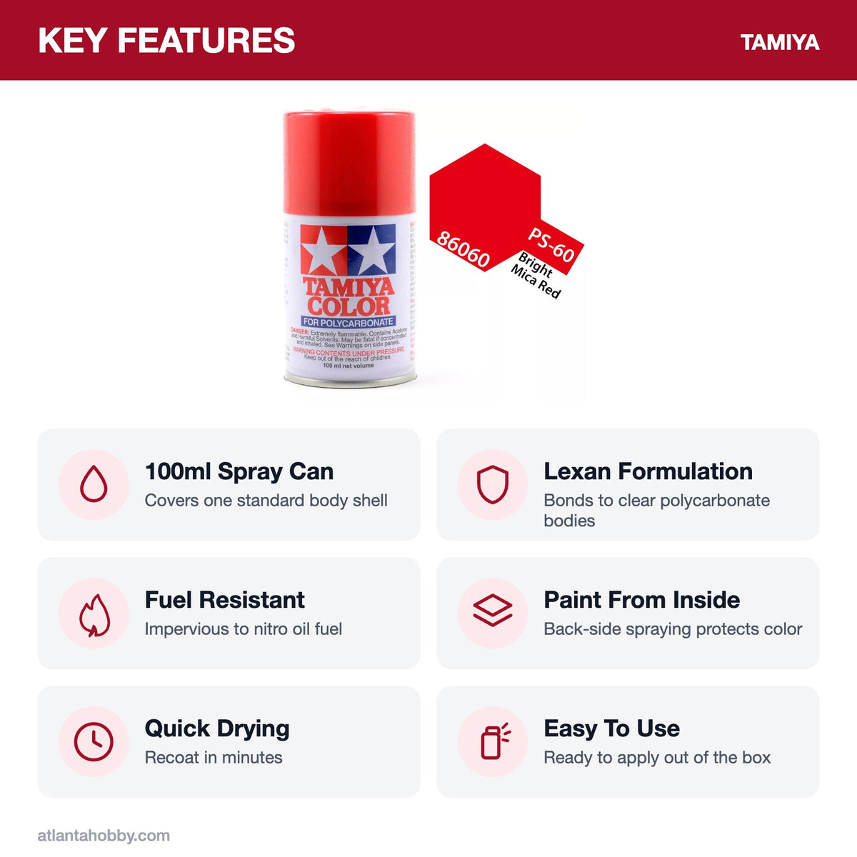 Tamiya PS-60 Mica Red Polycarbonate Spray Paint, 100ml key features