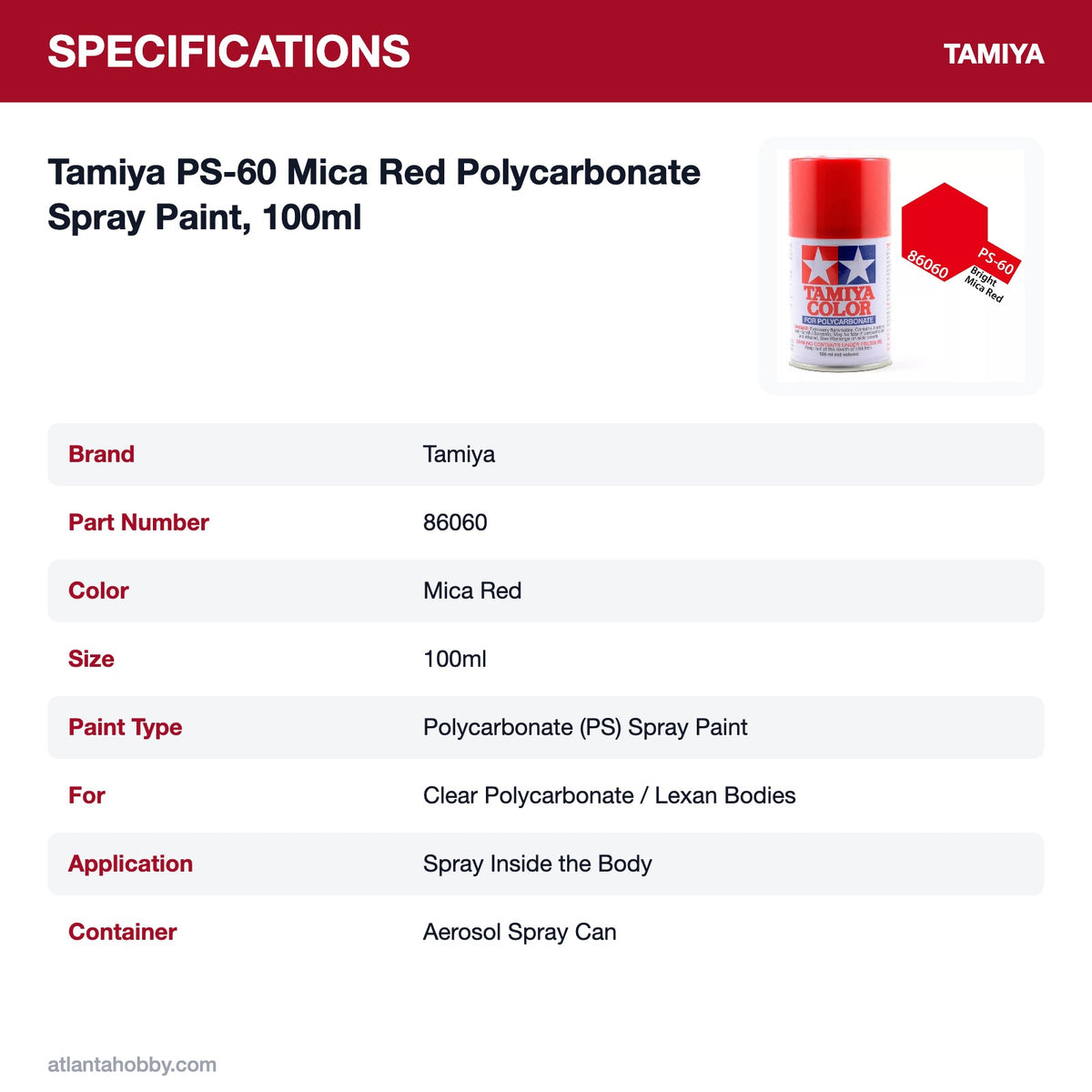 Tamiya PS-60 Mica Red Polycarbonate Spray Paint, 100ml specifications