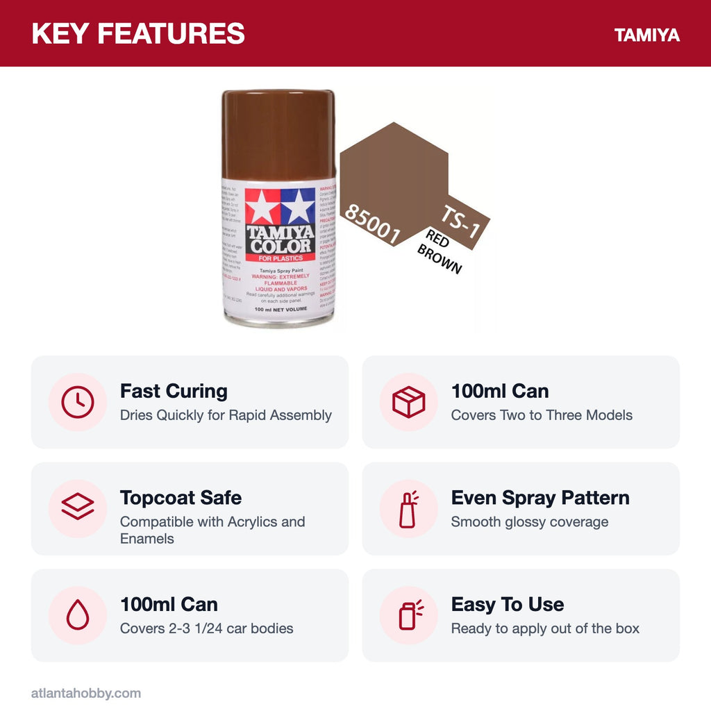 Tamiya TS-1 Red Brown Lacquer Spray Paint, 100ml key features