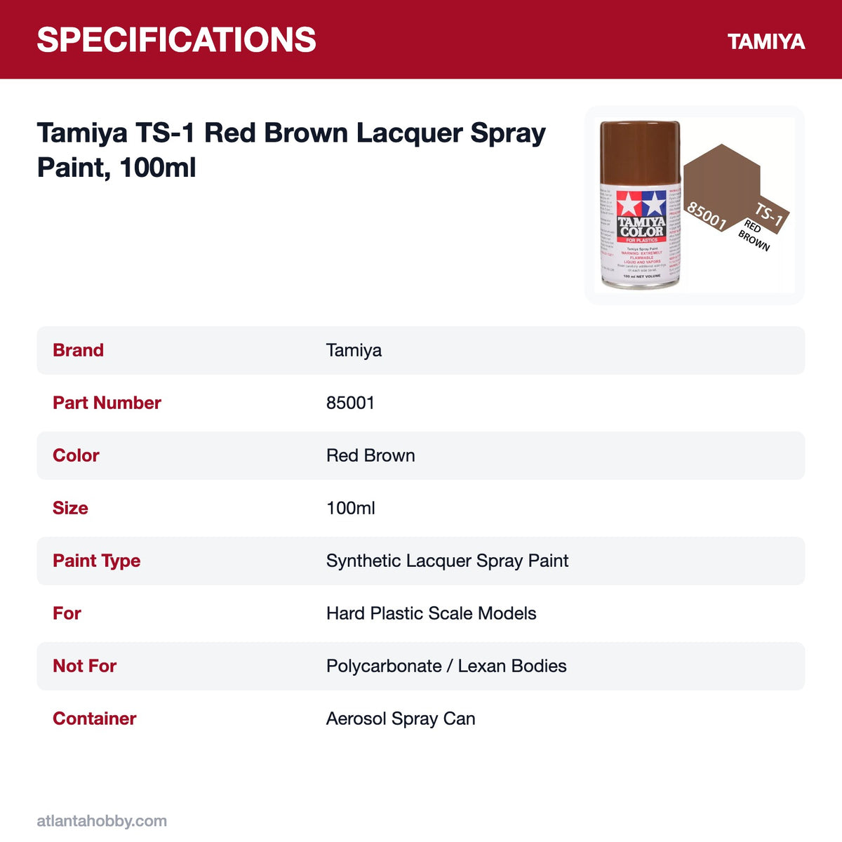 Tamiya TS-1 Red Brown Lacquer Spray Paint, 100ml specifications
